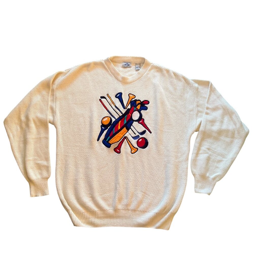 Vintage Cambridge Classics Golfing Sweater Men's Large Off-Whie Embroidered Knit